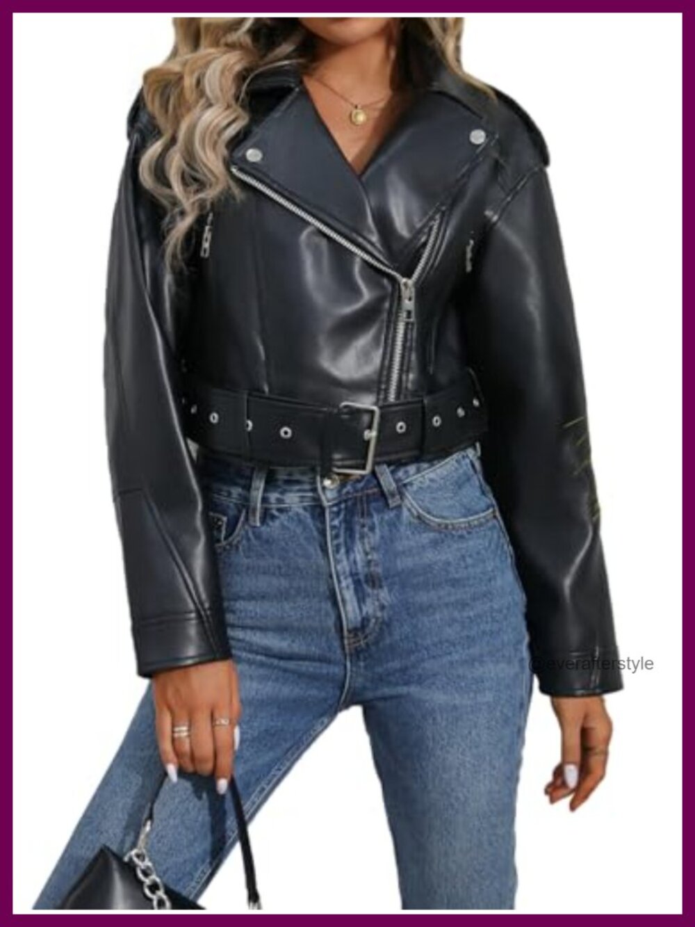 Faux Leather Cropped Moto Biker Jacket with Belt Vegan PU Women's Coat